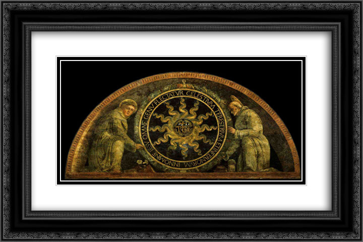 Saint Anthony of Padua and St. Bernardine of Siena presenting the monogram of Christ 24x16 Black Ornate Wood Framed Art Print Poster with Double Matting by Mantegna, Andrea