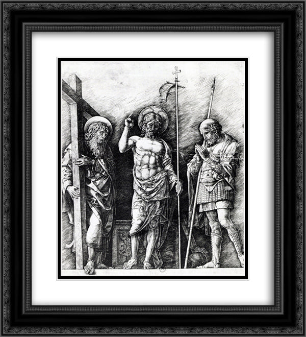 The resurrected Christ between St. Andrew and Longinus 20x22 Black Ornate Wood Framed Art Print Poster with Double Matting by Mantegna, Andrea