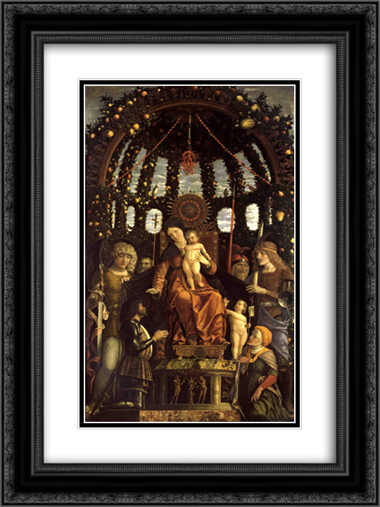 The Virgin of Victory (The Madonna and Child Enthroned with Six Saints and Adored by Gian Francesco II Gonzaga) 18x24 Black Ornate Wood Framed Art Print Poster with Double Matting by Mantegna, Andrea