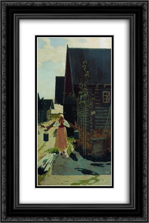 In the village. Girl with a bucket 16x24 Black Ornate Wood Framed Art Print Poster with Double Matting by Ryabushkin, Andrei