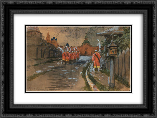 Strelets Patrol at Ilyinskie gates in the old Moscow 24x18 Black Ornate Wood Framed Art Print Poster with Double Matting by Ryabushkin, Andrei