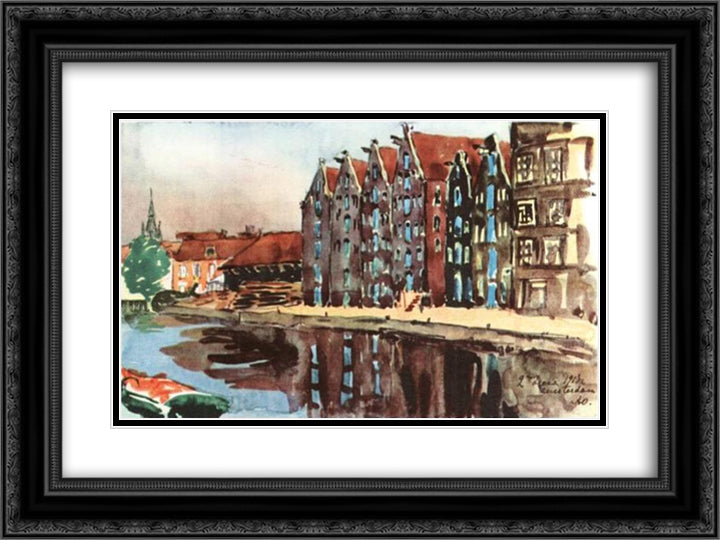 Amsterdam. The Old Warehouses. 24x18 Black Ornate Wood Framed Art Print Poster with Double Matting by Ostroumova Lebedeva, Anna