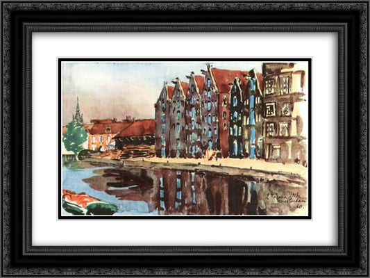 Amsterdam. The Old Warehouses. 24x18 Black Ornate Wood Framed Art Print Poster with Double Matting by Ostroumova Lebedeva, Anna