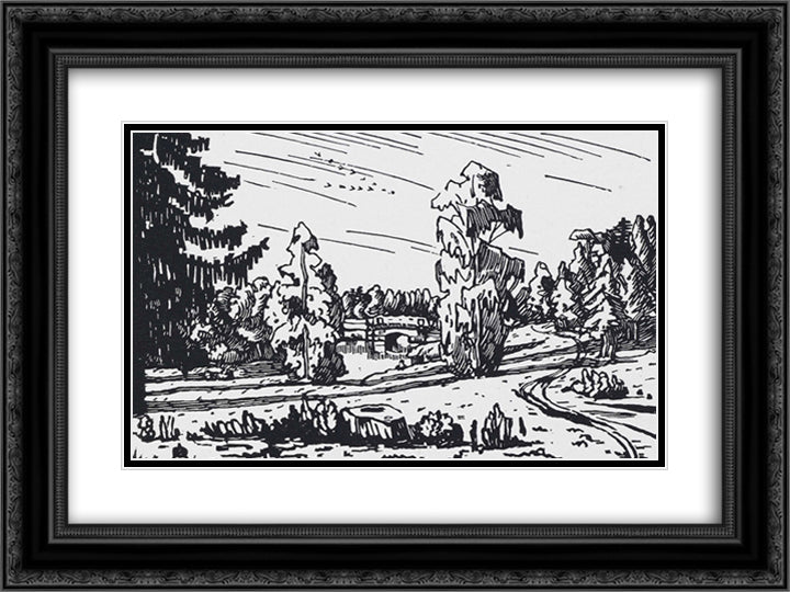 Landscape around the Viscontiev Bridge 24x18 Black Ornate Wood Framed Art Print Poster with Double Matting by Ostroumova Lebedeva, Anna