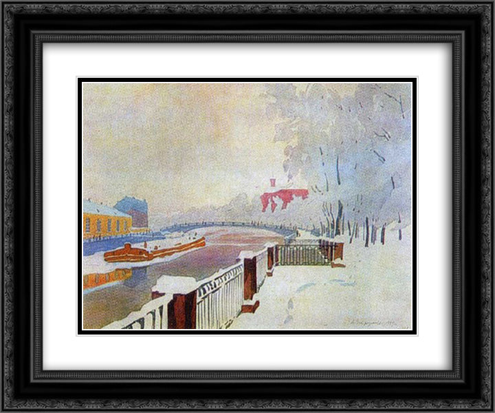 Leningrad. Fontanka and the Summer Garden in frost. 24x20 Black Ornate Wood Framed Art Print Poster with Double Matting by Ostroumova Lebedeva, Anna