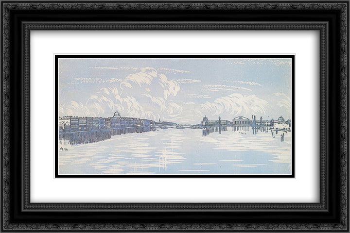 Leningrad. View from Trinity Bridge. 24x16 Black Ornate Wood Framed Art Print Poster with Double Matting by Ostroumova Lebedeva, Anna