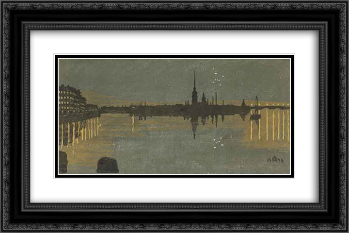Leningrad. View of the fortress at night. 24x16 Black Ornate Wood Framed Art Print Poster with Double Matting by Ostroumova Lebedeva, Anna