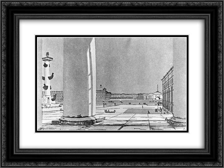 Neva through the columns of the Exchange 24x18 Black Ornate Wood Framed Art Print Poster with Double Matting by Ostroumova Lebedeva, Anna