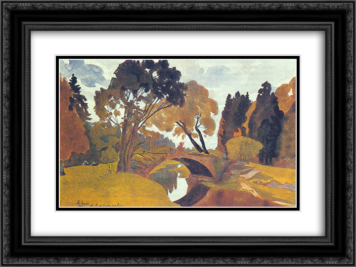 Pavlovsk. Novosilviysky bridge. 24x18 Black Ornate Wood Framed Art Print Poster with Double Matting by Ostroumova Lebedeva, Anna