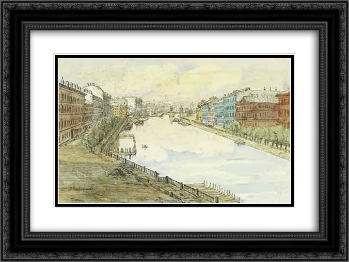 Petersburg. Fontanka. 24x18 Black Ornate Wood Framed Art Print Poster with Double Matting by Ostroumova Lebedeva, Anna