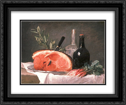 Still Life with a Ham 24x20 Black Ornate Wood Framed Art Print Poster with Double Matting by Vallayer Coster, Anne