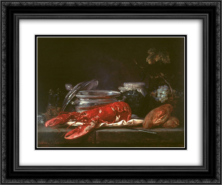 Still Life with Lobster 24x20 Black Ornate Wood Framed Art Print Poster with Double Matting by Vallayer Coster, Anne