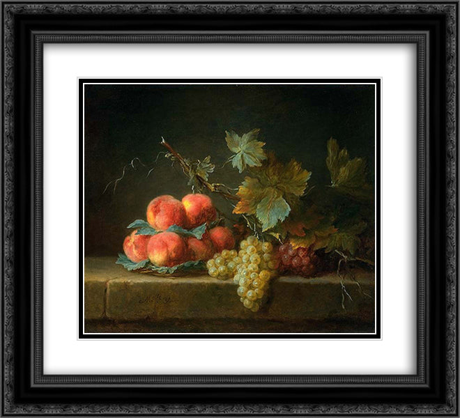 Still Life with Peaches and Grapes 22x20 Black Ornate Wood Framed Art Print Poster with Double Matting by Vallayer Coster, Anne