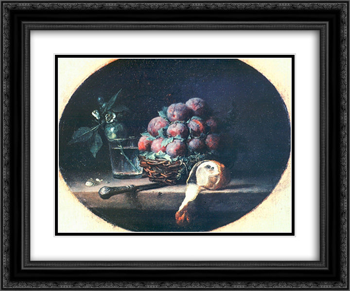 Still Life with Plums and a Lemon 24x20 Black Ornate Wood Framed Art Print Poster with Double Matting by Vallayer Coster, Anne