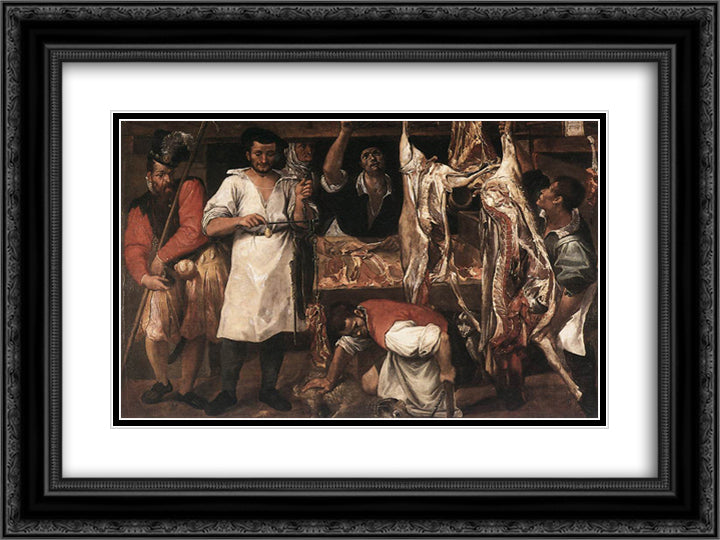 Butcher's Shop 24x18 Black Ornate Wood Framed Art Print Poster with Double Matting by Carracci, Annibale