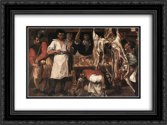 Butcher's Shop 24x18 Black Ornate Wood Framed Art Print Poster with Double Matting by Carracci, Annibale