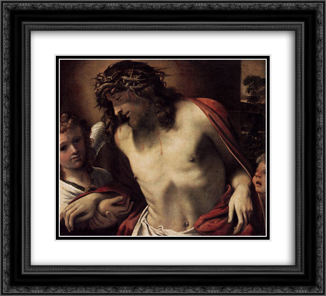 Christ Wearing the Crown of Thorns, Supported by Angels 22x20 Black Ornate Wood Framed Art Print Poster with Double Matting by Carracci, Annibale