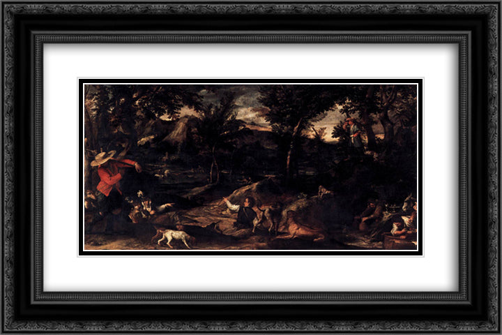 Hunting 24x16 Black Ornate Wood Framed Art Print Poster with Double Matting by Carracci, Annibale