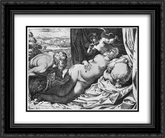 Jupiter and Antiope 24x20 Black Ornate Wood Framed Art Print Poster with Double Matting by Carracci, Annibale