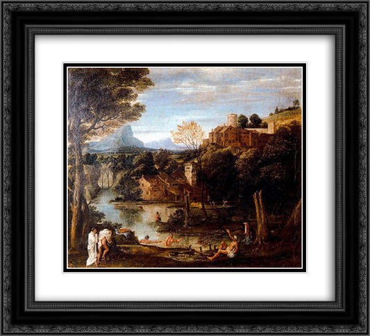 Landscape with bathers 22x20 Black Ornate Wood Framed Art Print Poster with Double Matting by Carracci, Annibale