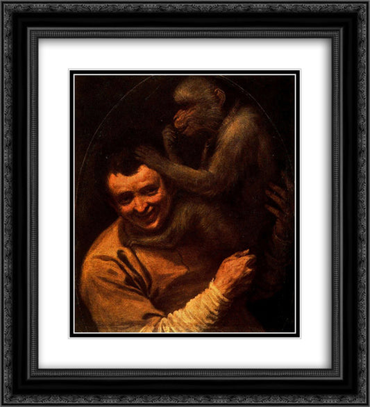 Man with Monkey 20x22 Black Ornate Wood Framed Art Print Poster with Double Matting by Carracci, Annibale