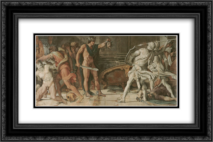 Perseus and Phineas 24x16 Black Ornate Wood Framed Art Print Poster with Double Matting by Carracci, Annibale