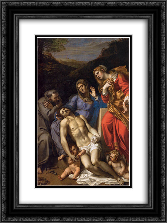 Pieta with St Francis and Mary Magdalene 18x24 Black Ornate Wood Framed Art Print Poster with Double Matting by Carracci, Annibale