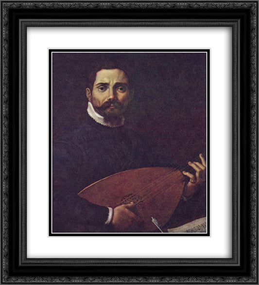 Portrait of Giovanni Gabrieli with the lute 20x22 Black Ornate Wood Framed Art Print Poster with Double Matting by Carracci, Annibale