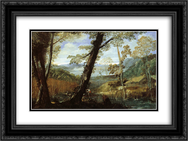 River Landscape 24x18 Black Ornate Wood Framed Art Print Poster with Double Matting by Carracci, Annibale