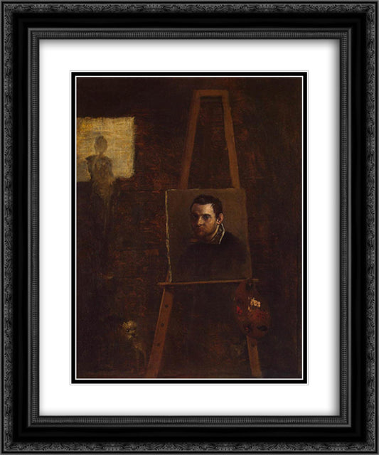 Self-portrait on an Easel in a Workshop 20x24 Black Ornate Wood Framed Art Print Poster with Double Matting by Carracci, Annibale