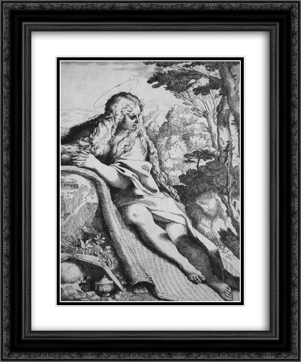 St. Magdalene in the Desert 20x24 Black Ornate Wood Framed Art Print Poster with Double Matting by Carracci, Annibale