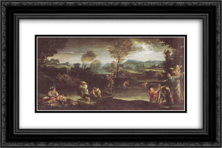 The fishing 24x16 Black Ornate Wood Framed Art Print Poster with Double Matting by Carracci, Annibale