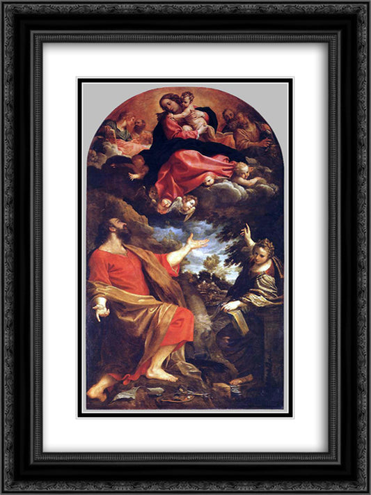 The Virgin Appears to St. Luke and Catherine 18x24 Black Ornate Wood Framed Art Print Poster with Double Matting by Carracci, Annibale