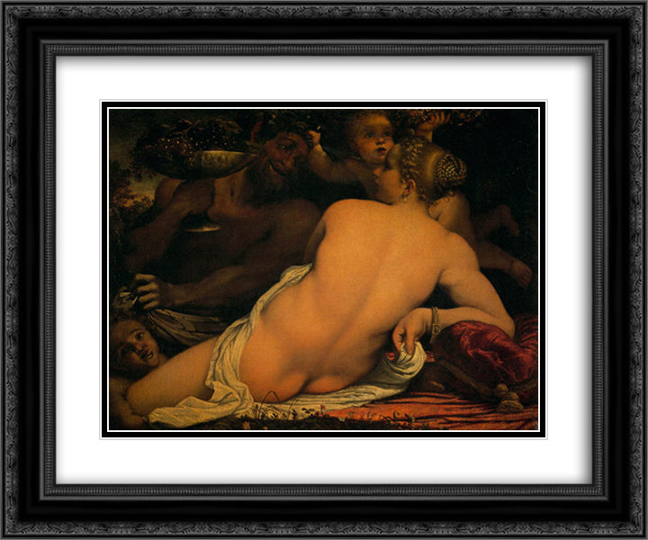 Venus with a Satyr and Cupids 24x20 Black Ornate Wood Framed Art Print Poster with Double Matting by Carracci, Annibale