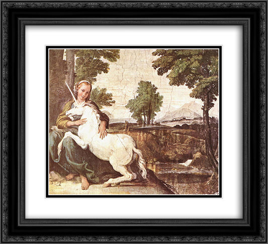 Virgin and Unicorn (A Virgin with a Unicorn) 22x20 Black Ornate Wood Framed Art Print Poster with Double Matting by Carracci, Annibale