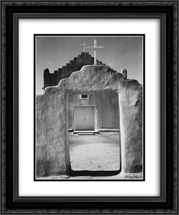 Church, Taos Pueblo 20x24 Black Ornate Wood Framed Art Print Poster with Double Matting by Adams, Ansel