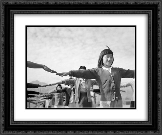 Female interns practicing calisthenics at Manzanar internment camp 24x20 Black Ornate Wood Framed Art Print Poster with Double Matting by Adams, Ansel