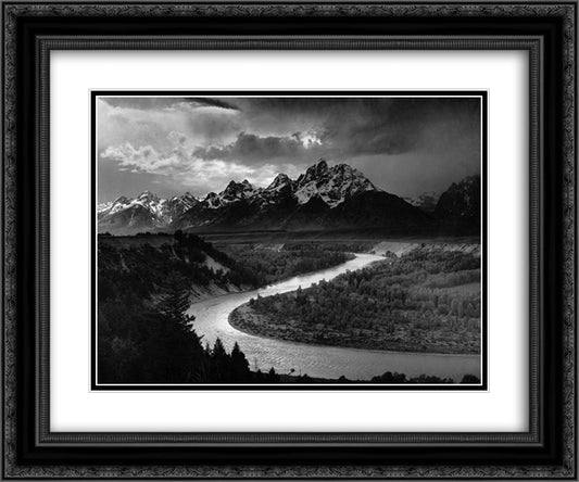 The Tetons and the Snake River 24x20 Black Ornate Wood Framed Art Print Poster with Double Matting by Adams, Ansel