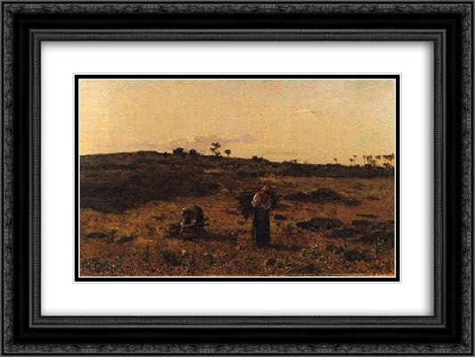 Charneca de Belas ao Por-do-Sol 24x18 Black Ornate Wood Framed Art Print Poster with Double Matting by Silva Porto, Antonio da