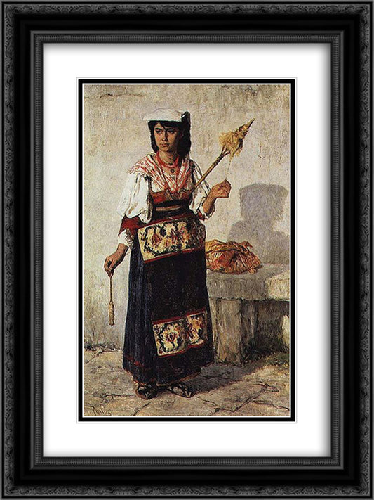 Pequena Fiandeira Napolitana 18x24 Black Ornate Wood Framed Art Print Poster with Double Matting by Silva Porto, Antonio da