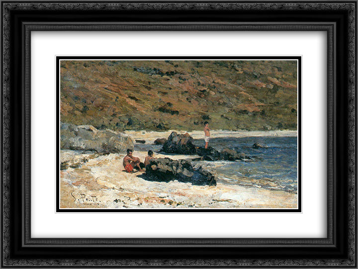 Recanto de praia 24x18 Black Ornate Wood Framed Art Print Poster with Double Matting by Silva Porto, Antonio da