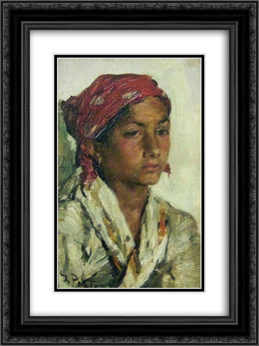 Tete de jeune fille 18x24 Black Ornate Wood Framed Art Print Poster with Double Matting by Silva Porto, Antonio da