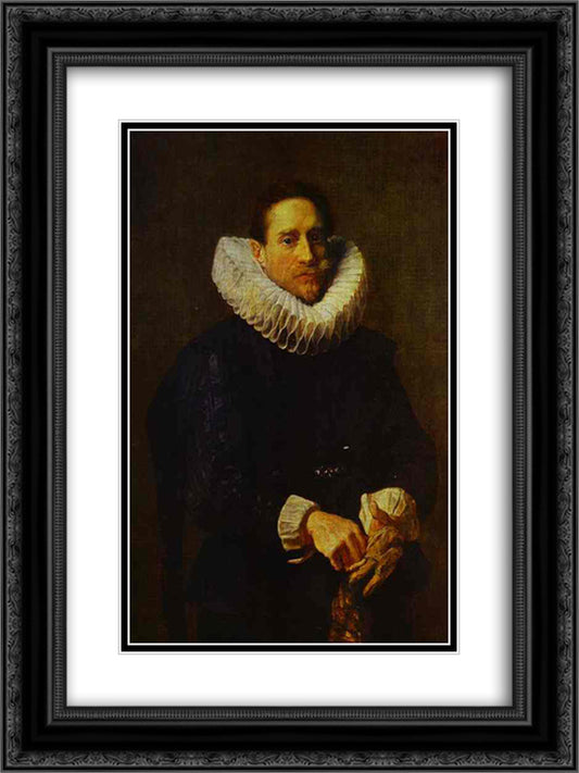 Portrait of a Gentleman, Putting on his Gloves 18x24 Black Ornate Wood Framed Art Print Poster with Double Matting by van Dyck, Anthony