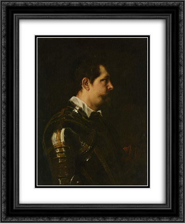 Portrait of a Military Commander bust length in Profile in Damascened armour with white colland red sash 20x24 Black Ornate Wood Framed Art Print Poster with Double Matting by van Dyck, Anthony