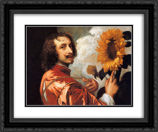 Self portrait with a Sunflower 24x20 Black Ornate Wood Framed Art Print Poster with Double Matting by van Dyck, Anthony