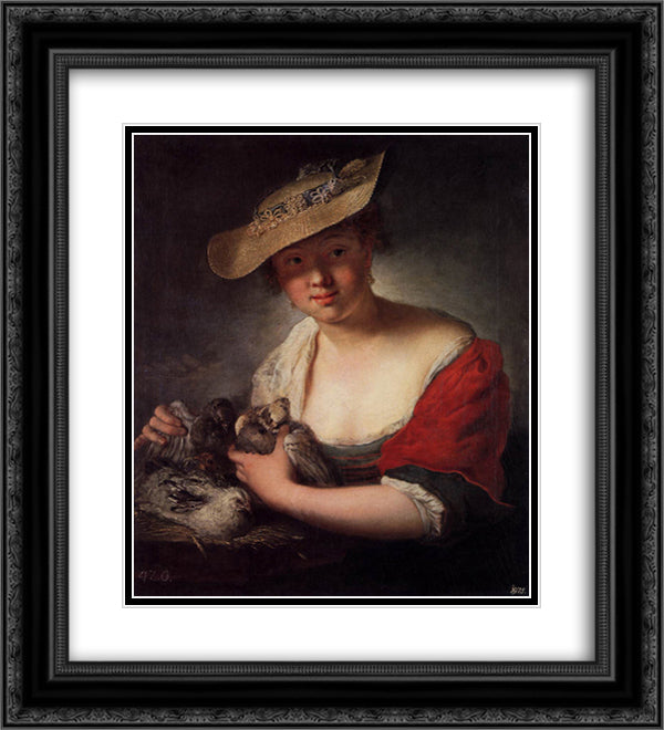 Girl with Pigeons 20x22 Black Ornate Wood Framed Art Print Poster with Double Matting by Pesne, Antoine