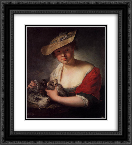 Girl with Pigeons 20x22 Black Ornate Wood Framed Art Print Poster with Double Matting by Pesne, Antoine