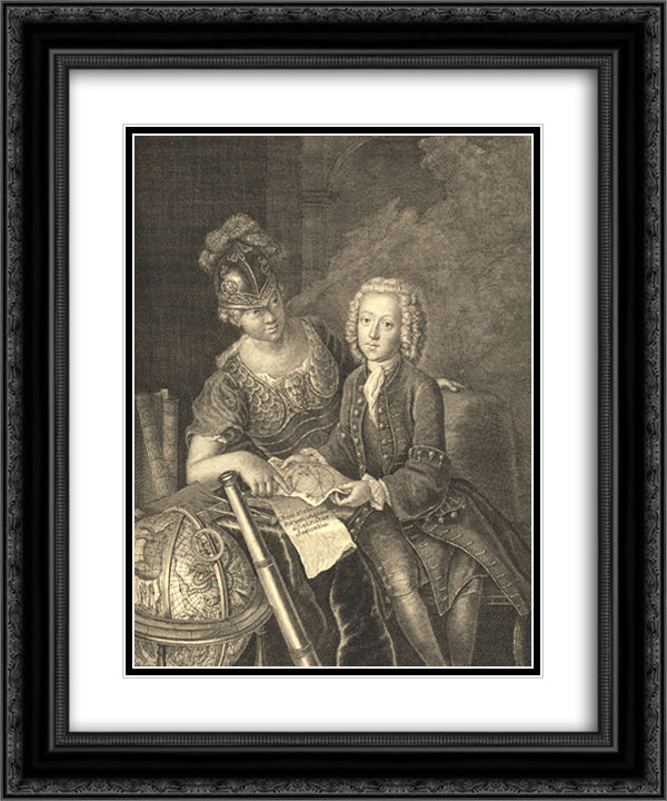 Jean Philippe Baratier presented by Minerva, German scholar 20x24 Black Ornate Wood Framed Art Print Poster with Double Matting by Pesne, Antoine