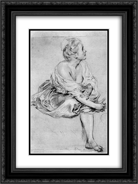 A Seated Woman 18x24 Black Ornate Wood Framed Art Print Poster with Double Matting by Watteau, Antoine