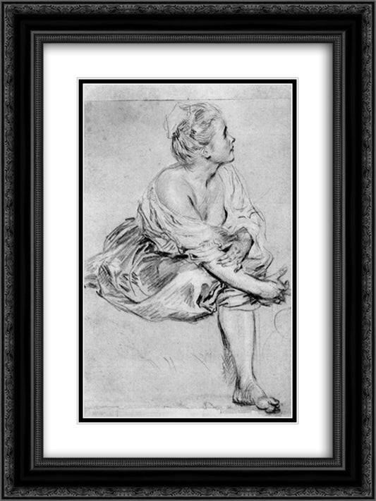 A Seated Woman 18x24 Black Ornate Wood Framed Art Print Poster with Double Matting by Watteau, Antoine